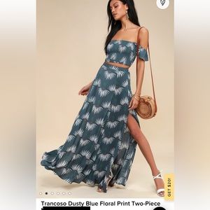Trancoso Dusty Blue Floral Print Two-Piece Maxi Dress large